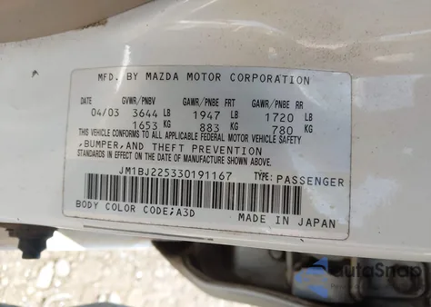 2003 Mazda Protege Dx/Es/Lx z USA, uszkodzony, nr VIN JM1BJ225330191167